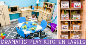 preschool kitchen and home living dramatic play set up. Kitchen labels on fruits and vegetables with a dining table.