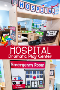 Two images of a classroom hospital dramatic play center. IN the middle of the two images is text on a red background that says "Hospital Dramatic Play Center."