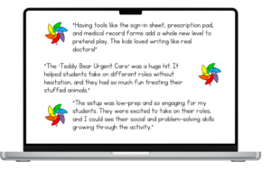 Computer screen showing reviews about the preschool dramatic play center, emphasizing engagement, creativity, and skill development.