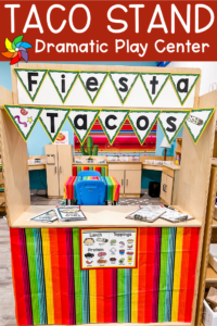 Taco Stand Dramatic Play title over preschool taco dramatic play setup.
