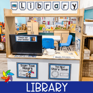 Preschool library dramatic play center with signs
