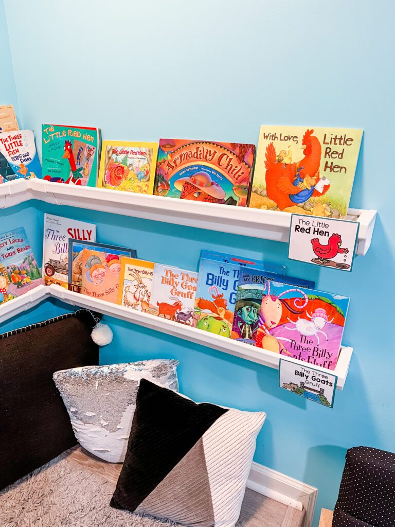 Preschool library dramatic play center - books on shelves with pillows on the ground