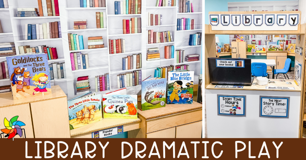 Preschool library dramatic play center with books and signs