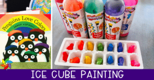 Side-by-side image showing the book Penguins Love Colors and an ice cube tray filled with colorful penguin paintsicles, displayed in front of bright BioColor paint bottles with a label reading “Ice Cube Painting.”