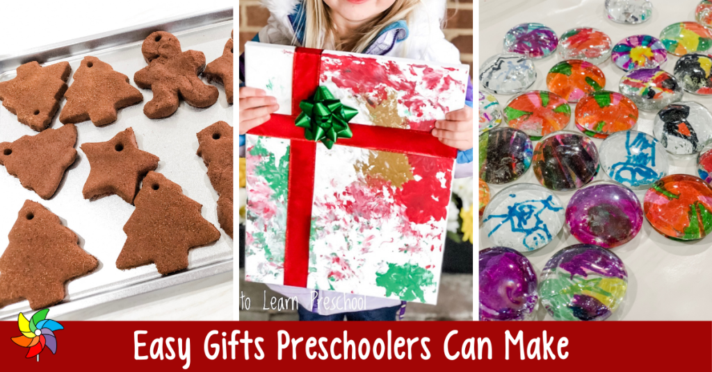 3 different gifts that preschool children can make for their parents - cinnamon cookie ornaments, a painted canvas, glass bead magnets