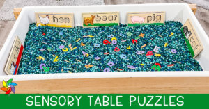 Wooden puzzle pieces in the sensory table in a preschool classroom.