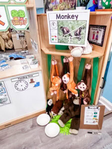Monkey stuffed animals in a safari park dramatic play center for preschoolers.