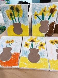 Completed preschool sunflowers Van Gogh mixed media process art