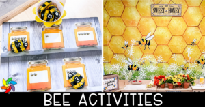 Horizontal collage with the title "Bee Activities"; left side shows a preschool sensory table with green rice, yellow pom-poms, wooden beehive pieces, and sunflowers; right side shows a beekeeper dramatic play center with hives, honey jars, and market props.