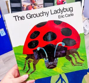 Cover of The Grouchy Ladybug by Eric Carle, a popular preschool book about emotions, time, and kindness. Part of a blog post for bug books for preschoolers