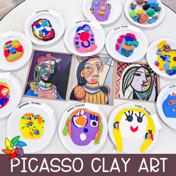 Square mage with the title “Picasso Clay Art” over a preschool art table. The table displays Picasso posters and student-made abstract clay faces on paper plates.