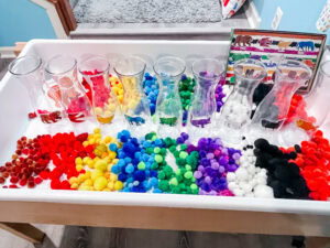A sensory table with rainbow-colored pom-poms sorted by color and clear vases, each labeled with a different animal from “Brown Bear, Brown Bear, What Do You See?”