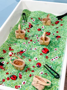 A sensory table with green rice, woven baskets, black tongs, painted ladybug rocks, red rings, and small ladybug cards.