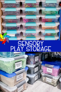Labeled sensory materials stored in large tubs and small containers in a preschool classroom