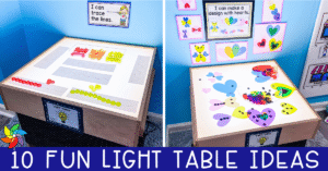 Two preschool light tables are set up in a classroom corner, each with a different activity. The left table features tracing lines and colored counters, while the right table displays colorful translucent heart shapes and loose parts for design. Art made with heart shapes is displayed on the wall above the right table. The text at the bottom reads “10 Fun Light Table Ideas.”