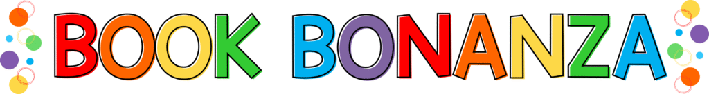 Colorful “Book Bonanza” banner for a free virtual preschool video with rainbow letters and playful polka dot decorations. book themed circle time fun for everyone
