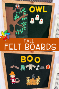 Two fall felt board displays featuring Owl Babies and The Little Old Lady Who Was Not Afraid of Anything, with colorful felt pieces and large yellow letters.