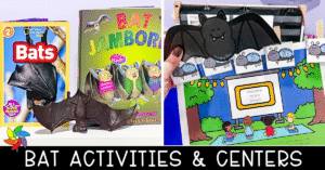Side-by-side photos of preschool bat-themed activities including bat books, a plastic bat figure, and a number recognition center with a bat puppet and fly cards.