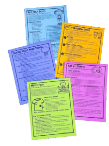 A set of five colorful preschool handouts, each focusing on a different topic such as self-help skills, potty training, messy play, art versus crafts, and talking about hard things.