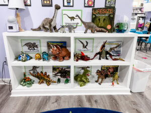 Classroom shelf display with dinosaur toys, books, and fact cards organized by species.