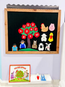 Felt board display for Ten Red Apples showing a numbered apple tree, farm animals, and characters, with the book placed below for reference.