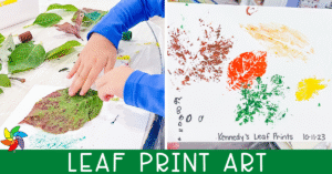 Side-by-side photos of a preschooler pressing a painted leaf onto paper and a finished leaf print art project labeled with the child's name and date.