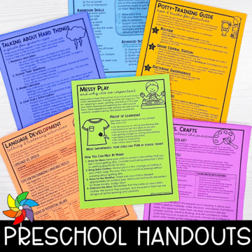 A set of colorful preschool handouts on a table, each covering a different topic such as language development, messy play, art vs. crafts, potty training, and talking about hard things. The text “Preschool Handouts” is displayed at the bottom of the image.