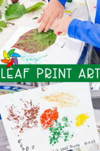 Collage showing a preschooler pressing a leaf onto paper and a finished leaf print artwork with multiple colors.