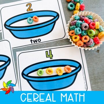 Counting activity with colorful cereal and number cards showing bowls labeled with numerals and words.