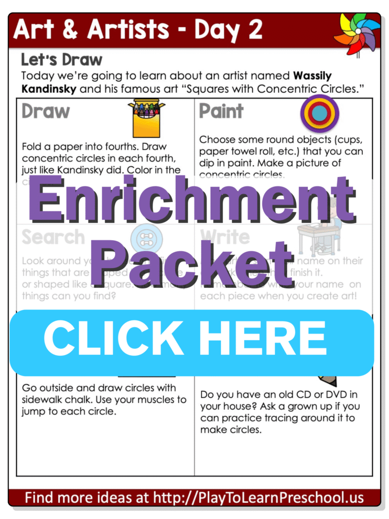 art and artists circle time for preschool printable enrichment day 2
