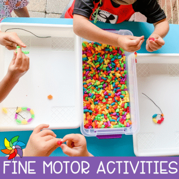 Children string colorful beads using lacing cords in a fine motor activity tray.