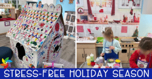 Preschool holiday dramatic play setup with a decorated cardboard gingerbread house and children pretending to bake and decorate cookies.
