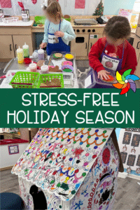 Preschool holiday dramatic play bakery and gingerbread house activity setup.