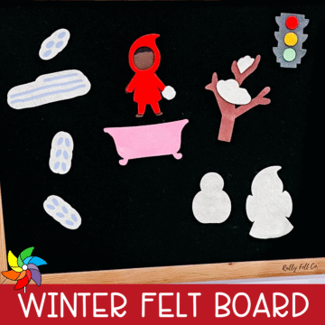 Winter felt board with pieces from The Snowy Day for preschool storytelling.