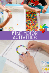Preschoolers working on fine motor activities including bead lacing and placing star stickers on a tracing page.