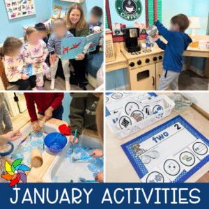 January preschool activities including winter circle time books, hot drink café dramatic play, ice cube sensory exploration, and winter math centers.