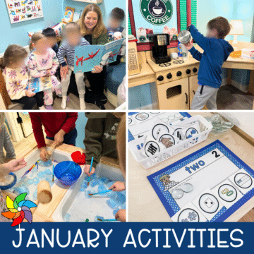 January preschool activities including winter circle time books, hot drink café dramatic play, ice cube sensory exploration, and winter math centers.