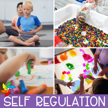 Collage showing preschool self regulation strategies including deep breathing, sensory play with loose parts, drawing with markers, and quiet tabletop activities.