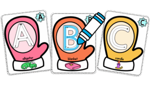 Printable mitten-themed alphabet cards showing letters A, B, and C with tracing paths and matching picture cues like alligator, blanket, and candle.
