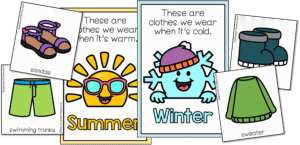 Winter clothing sorting cards and seasonal clothing visuals for preschool sorting activities.