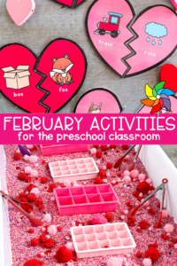 February preschool activities featuring heart rhyming puzzles and a Valentine sensory bin with scoops, pom poms, and sorting trays.