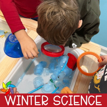 Ice exploration in a preschool winter science sensory tray.