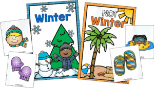 Winter and not winter sorting cards showing seasonal clothing and environments.
